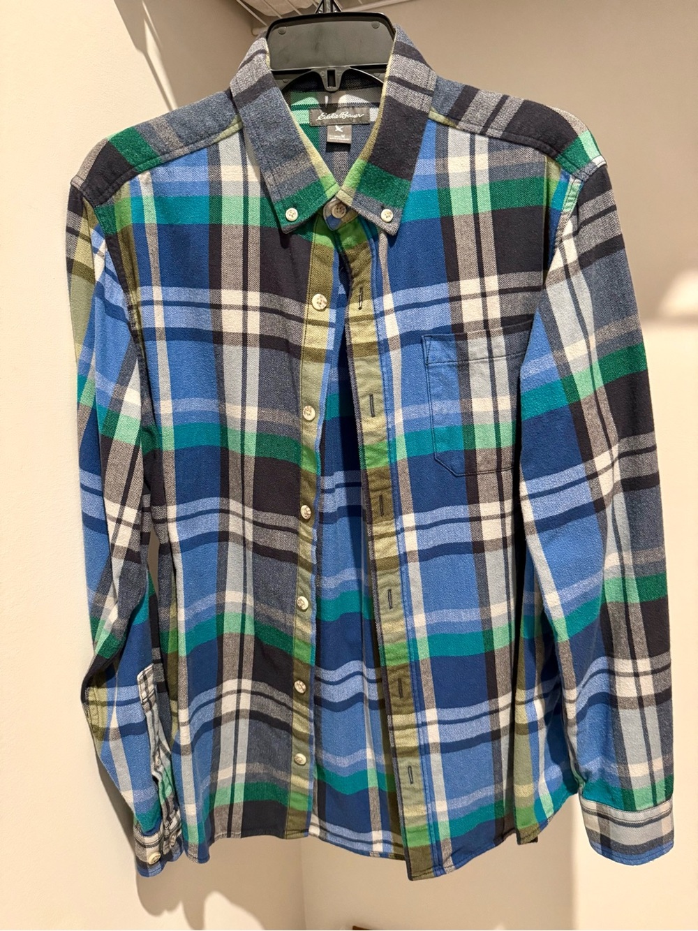 Eddie Bauer Blue, Green & Gray Plaid Button-Down Flannel Shirt